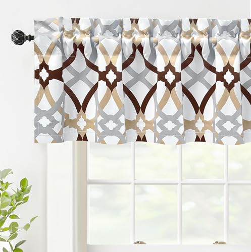 DriftAway Alexander Spiral Geo Trellis Pattern Window Curtain Valance Rod Pocket 52 Inch by 14 Inch Plus 2 Inch Header Brown 1 Pack