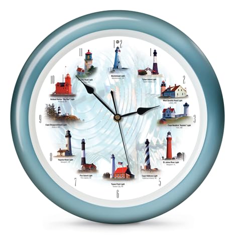 "Mark Feldstein & Associates Lighthouse Collection Maritime Nautical and Ocean Sounds Wall Clock, 13"", Blue, 12 Sounds on The Hour"