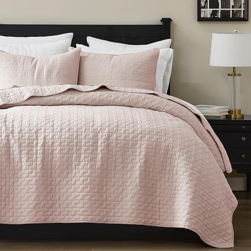 palassio Pink 100% Cotton Quilt California Cal King Size Bedding Sets with 2 Pillow Shams, Oversized Lightweight Bedspread Shabby Chic Coverlet, Soft Bed Cover for All Season, 3 Pieces