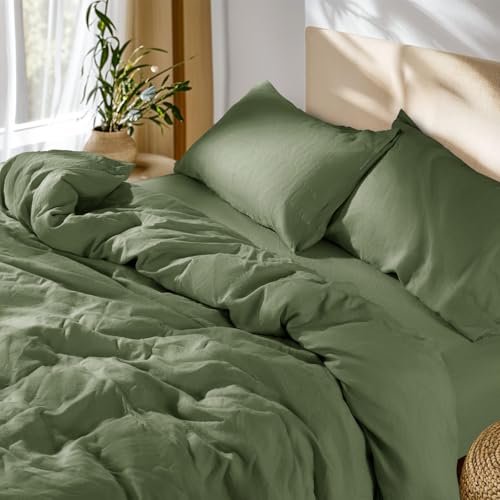 SONORO KATE 100% French Linen Queen Duvet Cover Set,Zipper Closure,3PC - Natural French Flax,Soft Breathable for Hot Sleepers,Moisture Wicking & Durable,4 Corner Ties,Olive Green