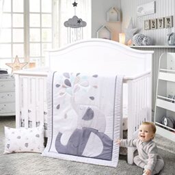 JISEN 4 Piece Baby Bedding Set - Soft Crib Quilt, Sheet, Pillowcase, Skirt - Grey Elephant (CMG02146)