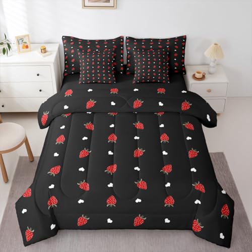 Erosebridal Kawaii Strawberry Full Size Comforter Set, Cute Fruits Theme Sweet 7-Piece Bed in A Bag, Red Black Sheets and Pillowcases, Heart Pattern Bedding Set Room Decor