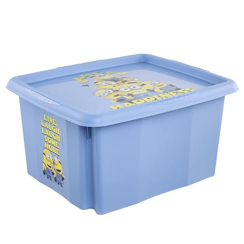 keeeper karolina storage box with lid, 24 l, nestable and stackable, Design: Minions, Happiness, For children, Blue (Soft Blue)