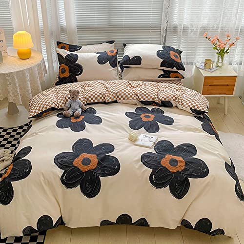 CLOTHKNOW Black Floral Queen Comforter Set Sunflower Bedding Comforter Sets Brown Plaid Comforter Soft Botanical Queen Comforter with 2 x Pillow Cases
