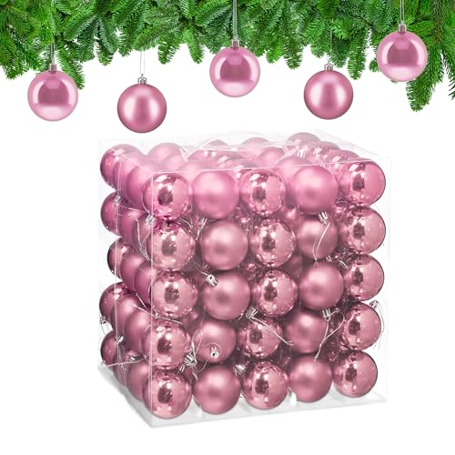 Relaxdays Christmas Baubles, Set of 100, Festive Tree Ornaments, D: 6 cm, Holiday Decorations, Shiny & Matte, Pink