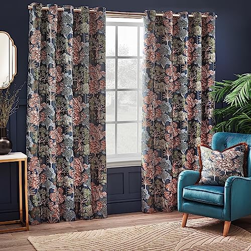 furn. Wylder Woodland Eyelet Curtain Pair – Room Darkening Lined Luxury Jacquard Nature Tree Curtains (Navy – Width 168 x Drop 183cm)