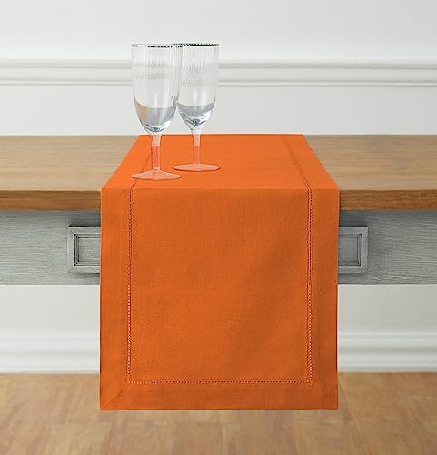 Solino Home Cotton Linen Pumpkin Table Runner 72 Inches Long - Hemstitch Table Runner 14 x 72 Inch for Dresser, Dining, Holiday
