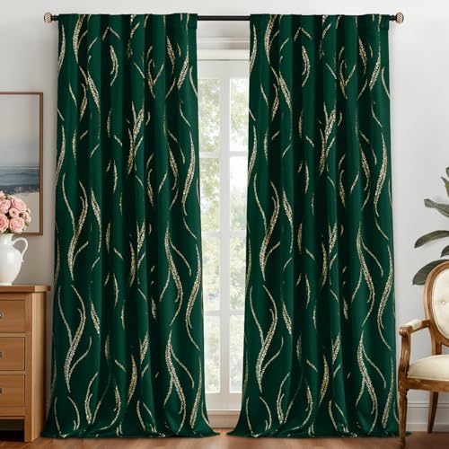 Yakamok Blackout Curtains 96 inch Length Living Room Thermal Insulated Gold Wave Line Dots Pattern Curtains Room Darkening Back Tab Curtains for Bedroom, Burgundy, W52 x L96-inch, 2 Panels