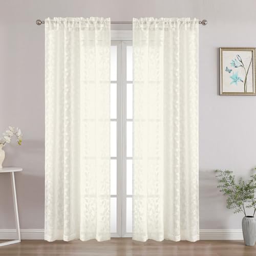 "Chyhomenyc Ivory Sheer Curtains 72 Inches Long 2 Panels Set, Light Filtering Tufted Textured Soft Airy Rod Pocket Elegant Leaf Window Treatment Drapes for Bedroom Living Room, 42"" Wx72 L, 2PCS"