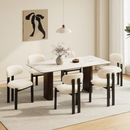 Dining Chairs Set of 6, Upholstered Chenille Dining Room Chairs with Black Solid Rubber Wood Frame, Soft Cushioned Seat Kitchen Chairs, Modern Nordic Accent Chairs for Dining Room Kitchen,Beige