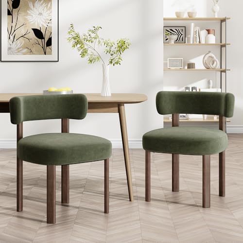COLAMY Wooden Dining Chairs Set of 2, Velvet Fabric Chairs for Dining Room with Open Curved Backrest and Thick Seat Cushion, Upholstered Kitchen Chair with Anti-Slip Pads, Green