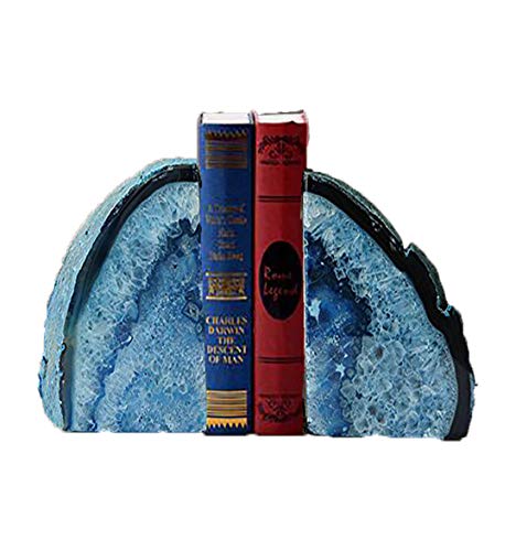 JIC Gem Blue Agate Geode Bookends Heavy Duty Anti-Slip Rubber 1 Pair 3-4Lbs - Decorative Crystal Stone Stoppers for Bookshelf Home & Office Tabletop Decor Unique Crystal Supports Gift for Book Lovers