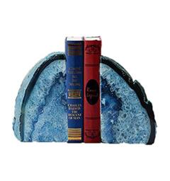 JIC Gem Blue Agate Geode Bookends Heavy Duty Anti-Slip Rubber 1 Pair 3-4Lbs - Decorative Crystal Stone Stoppers for Bookshelf Home & Office Tabletop Decor Unique Crystal Supports Gift for Book Lovers