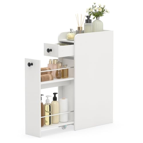RELAX4LIFE Slim Bathroom Floor Cabinet, Rolling Narrow & Compact Toilet Storage Cart with Drawers & Slide Out Shelf, Freestanding Toilet Paper Storage Unit on Wheels for Small Spaces (White)