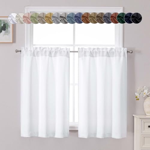 "Chyhomenyc Light Filtering Short Curtains 45 Inch Length, Small Kitchen Window Curtains over Sink, Half Window Cafe Curtain Tier for Bathroom Basement Cabinet Camper, 2 PCS, Each 30""Wx45""L, Pure White"