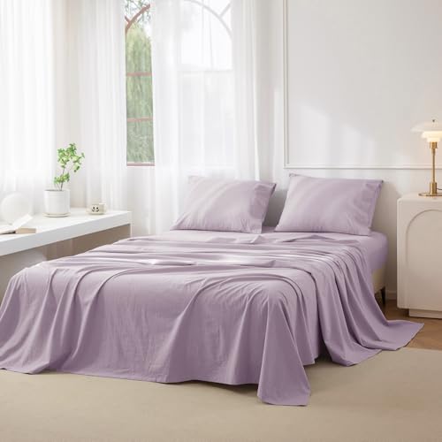 "JIYUAN King Washed Cotton Sheet Set, 4-Piece, Relaxed Linen Feel - Deep Pocket Fits Mattresses up to 17"". Flat Sheet & 2 Pillowcases. Naturally Soft & Breathable. Machine Washable."