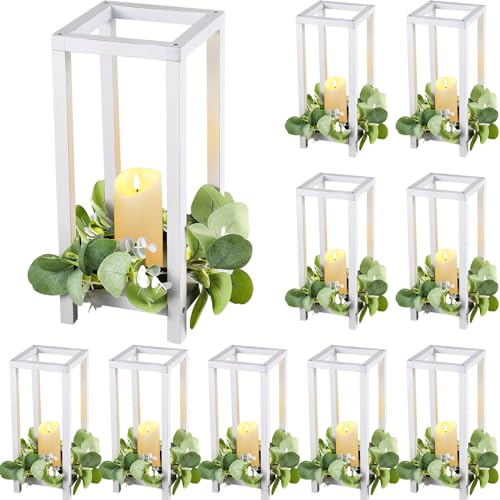 Geelin 10 Pcs Wooden Wedding Lantern Centerpiece Candle Lantern Table Wooden Candle Holder Decorative for Wedding Party Table Valentine Decor(13 in,White)