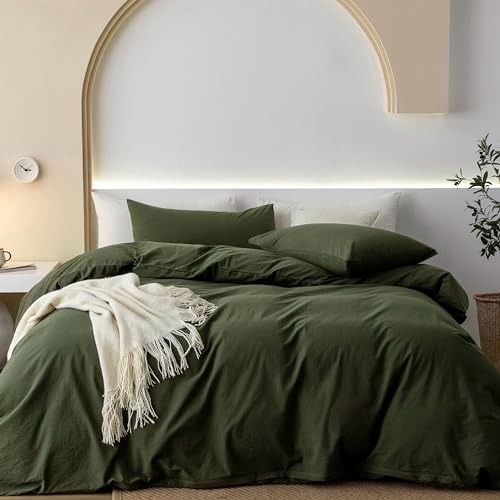 JIYUAN 100% Washed Cotton Duvet Cover Comfy Simple Style Solid Color Soft Breathable Textured Durable Linen Feel Bedding Sets for All Seasons King Size, Olive Green