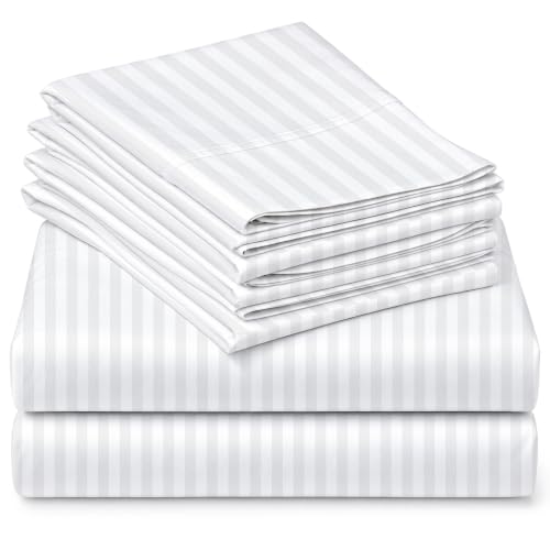 Mattress-Homes 6 Piece Queen Sheet Set, Hotel Luxury Collection, 100% Egyptian Cotton, 18 Inch Deep Pocket Fitted Sheet, Soft & Cool, Breathable Bedding with 4 Pillowcases in White Stripe