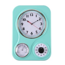 Lily's Home Retro Kitchen Wall Clock, with a Thermometer and 60-Minute Timer, Ideal for Any Kitchen, Turquoise (9.5 in x 13.3 in)