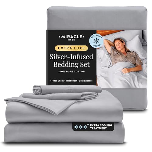 Miracle Made® Newly Improved Extra Luxe Cool IT™ True Grip ® Fitted Bed Sheets –Silver Grey,Queen– 4 Piece Silver Infused, 300-Thread-Count Eucalyptus Fabric