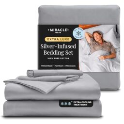 Miracle Made® Newly Improved Extra Luxe Cool IT™ True Grip ® Fitted Bed Sheets –Silver Grey,Queen– 4 Piece Silver Infused, 300-Thread-Count Eucalyptus Fabric