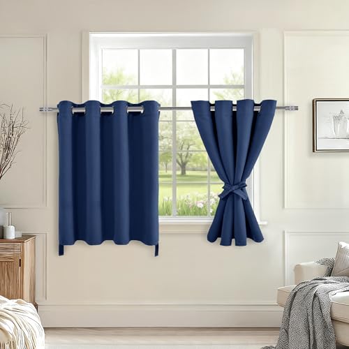 Hiasan RV Blackout Curtains for Bedroom, 52 x 36 Inches Long - Thermal Insulated & Energy Saving Window Curtains for Living Room, 2 Drape Panels Sewn with Tiebacks, Navy