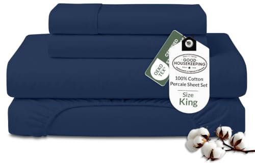 ROYALE LINENS 100% Organic Cotton King Sheet Set - Percale Weave - 4 Pieces Set - 1 Flat, 1 Deep Pocket Fitted Sheet and 2 Pillowcases - Navy Bed Sheets - S??banas King - Crisp Cool (Navy)