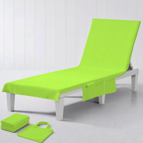 GC GAVENO CAVAILIA Beach Chair Cover with Bag - Luxury 100% Polyester Sun Lounger Towels with Side Pockets - Plain Chaise Lounge Cover for Beach, Pool, Garden, Holiday & Travel (75 x 215 Cm) - Green
