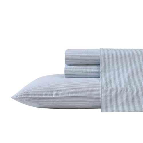 Nautica - King Sheet Set, Cotton Percale Bedding Set, Crisp & Cool, Lightweight & Breathable (Penny Pinstripe Blue, King)