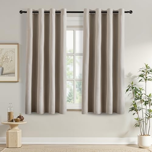 DONREN Thermal Insulated 100% Linen Blackout Curtains 52x45 Inches, Grommet Room Darkening Drapes for Bedroom & Living Room, 2 Panels, Sand Beige