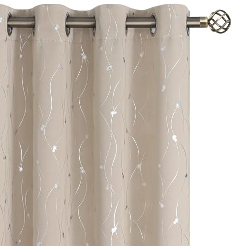 BGment Blackout Curtains 90 Inch Length 2 Panels Set, Grommet Thermal Insulated Blackout Curtains with Wave Line and Dots Printed for Bedroom,Camel, 2 Panels, Each Panel 52 x 90 Inch