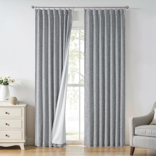 "Pinch Pleated Full Blackout Curtain Panels Linen Texture Thermal Insulated Window Treatment Sets with Back Tab for Farmhouse Living Room Bedroom Drape with Hooks, 40""x95""x2, Dark Grey"