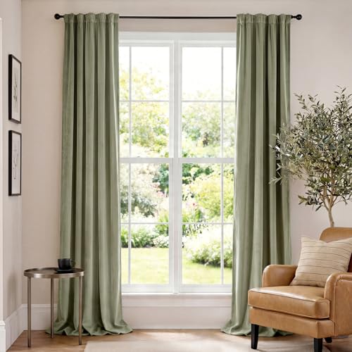 "Lazzzy Velvet Blackout Extra Long Curtains Thermal Insulated Room Window Drapes Super Soft Luxury Curtains for Living Room Bedroom Rod Pocket 2 Panels, Olive Sage, 52"" W x 120"" L"