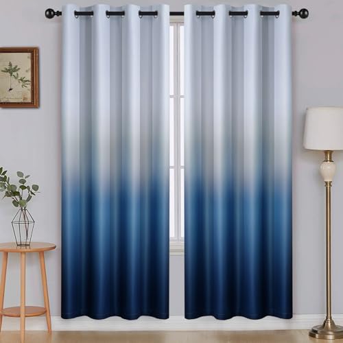 SimpleHome Ombre Blackout Curtains for Boys Room, White to Blue Gradient Gray, Thermal Insulated Grommet Window Curtains for Living Room, 2 Panels, 52x72 Inch