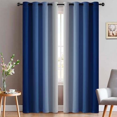 Yakamok Greyish White and Royal Blue Ombre Curtains, Light Blocking Grommet Curtains for Bedroom (Royal Blue, 52x84 Inch, 2 Panels)