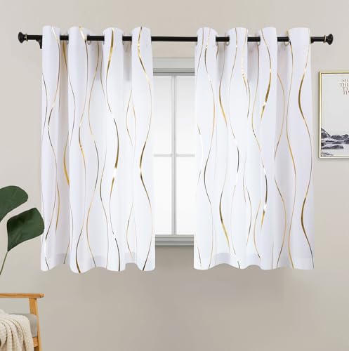 L.Z.E Gold White Privacy Curtains 54 Inch Length 2 Panels Set Gold Wave Pattern Light Filtering Non-See-Through Curtains & Drapes for Living Room Bedroom Nursery Grommet Top Short (LZE2251E-WG54)