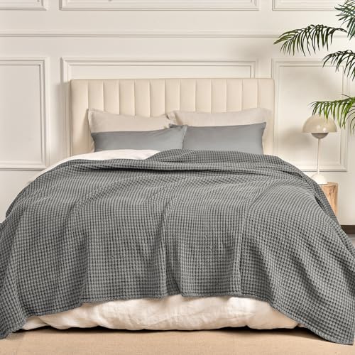 "PHF 400GSM 100% Washed Cotton Waffle Weave Blanket, Cozy Breathable Skin-Friendly Throw King Size for All Season, Luxury Fall Layer Bedspread for Couch Bed Sofa, Elegant Home Decor,Grey, 104""x90"""