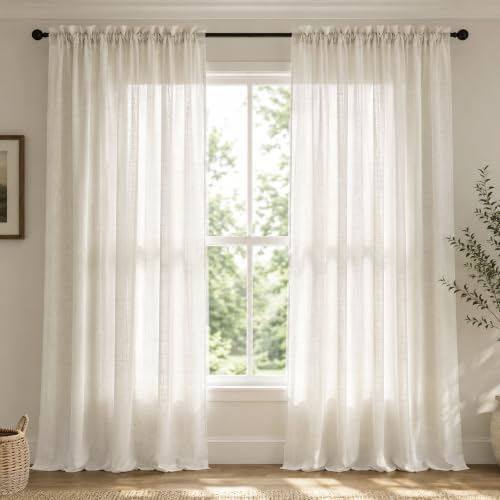 "Mrs.Naturall Extra Wide Curtains Living Room 2 Panels 60 Inch Cream Sliding Glass Door Semi Sheer Linen Look Ivory Country Country Style Rod Pocket Total Width 120"" x 96"""