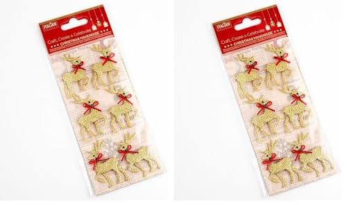 Italian Options Gold Glitter Reindeers with Red Satin Bow Christmas Craft Decorations Self Adhesive (6 pcs) (Pack of 2)