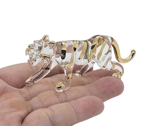 "WitnyStore 4"" Long Clear Roaring Tiger Figurine with Gold Stripes - Miniature Hand Blown Glass Bengal Tigers Feline Mammal Crystal Wildlife Animals Small Decorative Collectible Figurines D??cor Gifts"
