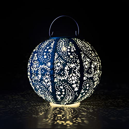 Talking Tables 2 x Navy Solar Lanterns for The Garden Décor, Patio - Boho Moroccan Outdoor Hanging Lights Battery Powered - Cast Shadow Patterns - Birthday for Her Made from Tyvek