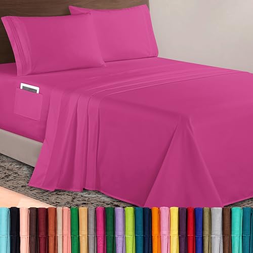 Elegant Comfort Luxurious 1500 Premium Hotel Quality Microfiber 4-Piece Sheet Set, 18-24 Inches Deep - Extra Deep Pocket Sheets - Ultra Soft 4PC Deep Pocket Sheets, Queen, Hot Pink