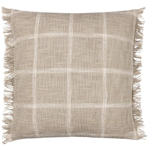 furn. Yard Beni Cushion Cover – Woven Check Cotton with Double Fringed Trim (Stone/Natural – 45 x 45 cm)