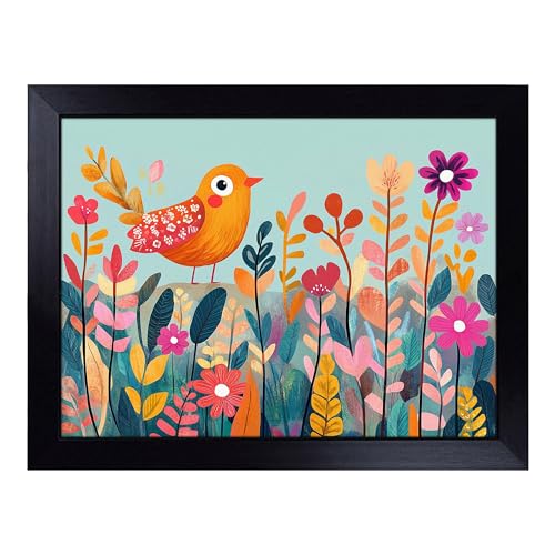 Lap Tray with Bean Bag Cushion, Orange Bird Animals - Handmade in the UK, Raised Wooden Edge, Padded Cushion, Heat-Resistant Wipe-Clean Surface, for Meals, Laptops and Crafts