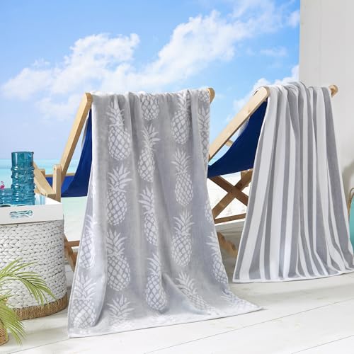 Great Bay Home, Towel, 100% Cotton Large Beach Towel Set of 2 - Lightweight Quick Dry Beach Towel Pack - Beach Towel for Travel, Pineapple & Stripes
