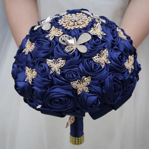 "Mhojpik Handmade Wedding Flowers Bouquet Round Holding Bridal Bouquet Toss Artificial Rose Bunch for Bride Bridesmaid Wedding Quinceanera (Navy Blue, 8.7"")"