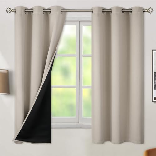 BGment Thermal Insulated 100% Blackout Curtains for Bedroom with Black Liner, Double Layer Full Room Darkening Noise Reducing Grommet Curtain (38 x 63 Inch, Cashmere, 2 Panels)