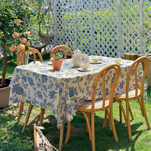 ZIWUROAD Outdoor Rectangular Tablecloth 60 x 84 Inch, Blue Floral Waterproof Table Cloth, Thick Fabric Dining Table Cover for Outdoor, Easter, Picnic, Farmhouse, Wedding, Spring Summer - Blue Flower
