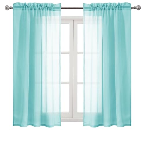 DWCN Aqua Sheer Curtains Semi Transparent Voile Rod Pocket Curtains for Bedroom and Living Room, 42 x 45 inches Long, Set of 2 Panels